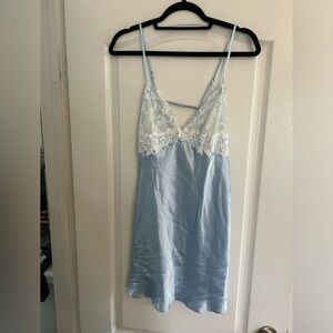 Lingerie. Pale blue gown with ivory robe